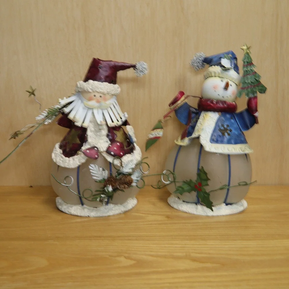 Vtg Metal & Frosted Glass Santa and Snowman Tea Light Holders Christmas Set of 2